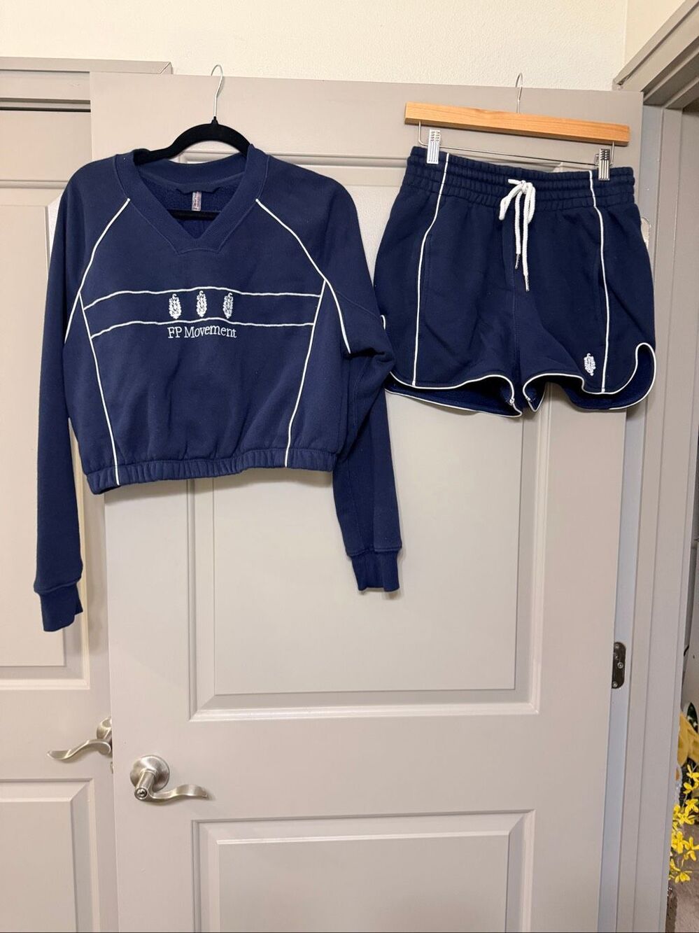 FP Movement Womens Size S Blue Long Sleeve Crop Top Shorts 2pc Workout Set